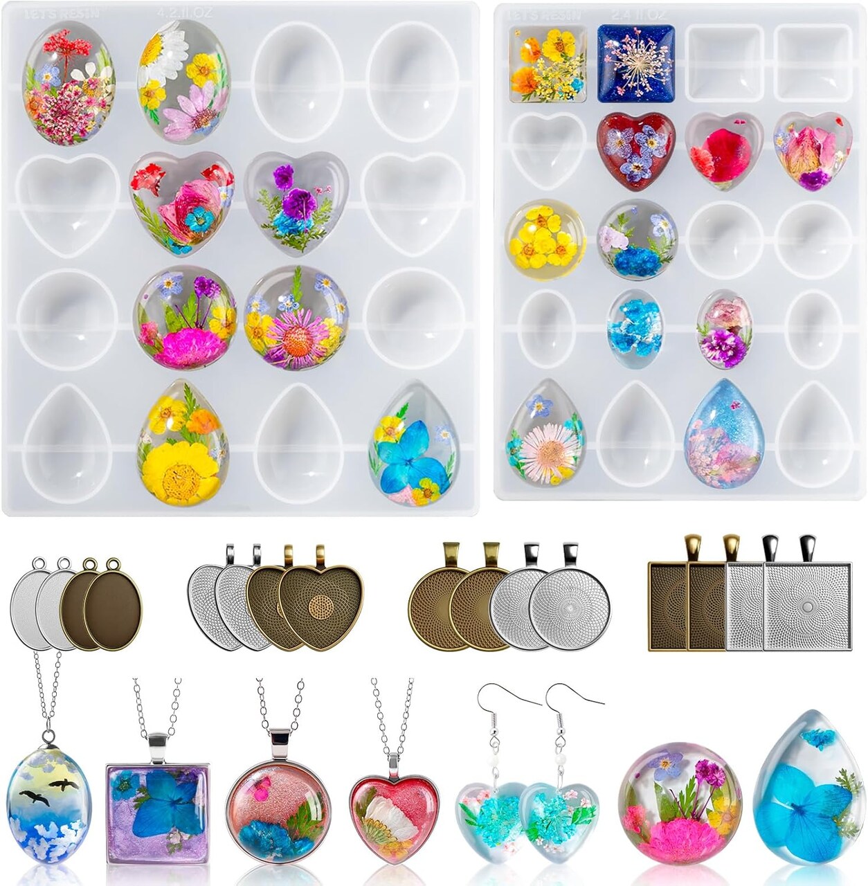 LET'S RESIN Cabochon Gems Resin Molds, 36 Cavities Thicker&Shiny UV Resin Molds Jewelry with 16 pcs Pendant Trays, Epoxy Molds for Beginner, jewelry making kits for Pendant,Earrings,Necklace,Keychains